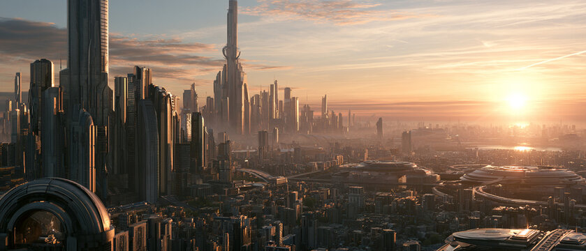 Skyscraper city skyline sunset urban futuristic architecture global economic outlook cityscape with tower district glowing above haze and modern infrastructure