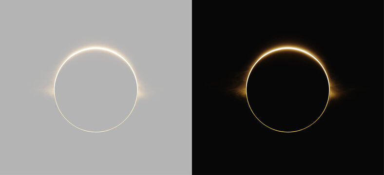 Golden Solar Eclipse Glowing Ring Total Eclipse Corona Light Flare Overlay Isolated on Grey and Black Backgrounds