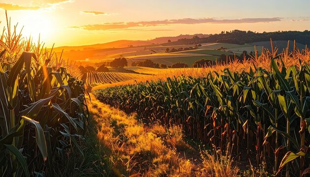 Golden Sunset Over Cornfield with Tall Stalks and Rolling Hills