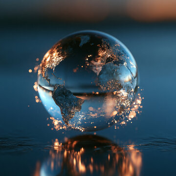 Global economic outlook glass globe world map light reflection