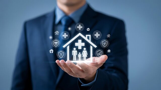 Businessman holding health insurance and medical protection icon concept for family care and safety