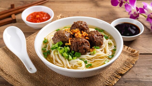 Beef meatball noodle soup with scallion and fried shallot in white bowl. Asian bakso soup with chili sauce on rustic wooden table. Food photo.

