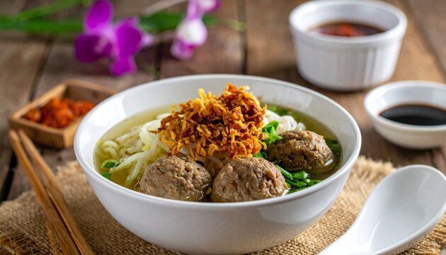 Beef meatball noodle soup with scallion and fried shallot in white bowl. Asian bakso soup with chili sauce on rustic wooden table. Food photo.
