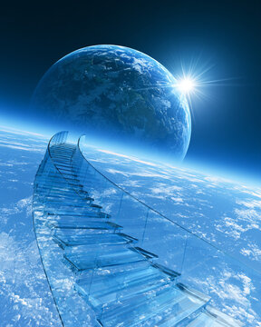 Global economic outlook earth space glass stairway planet sunrise sky futuristic glass stairway above earth space suggests global economic outlook and ambition with blue planet horizon sunlight