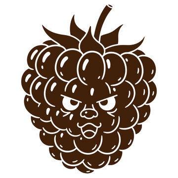 Angry cartoon raspberry fruit character with a grumpy face and spiky texture isolated on a white background, for food mascot