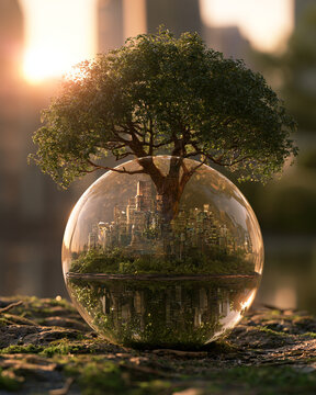 Tree globe transparent branch city nature environment reflection sunset sustainability growing from transparent globe above miniature city with calm water reflection, green leaf, moss