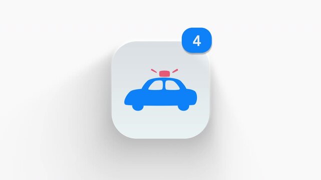 3D animated police car patrol vehicle icon representing law enforcement, security safety, and siren alert. 