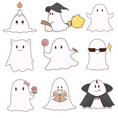 Cute halloween ghosts set in different poses and costumes
