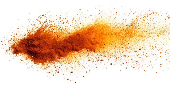 A dynamic explosion of warm brown and orange spice powder disperses against a clean white background.
