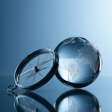 Global economic outlook compass globe navigation glass sphere blue reflection travel concept map exploration direction finance forecast