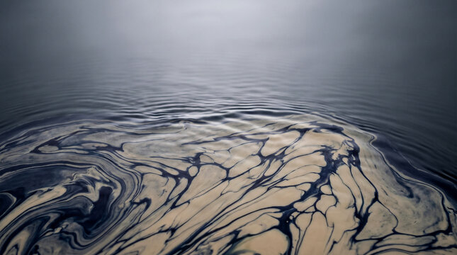 Abstract suminagashi ink marbling pattern floating on dark water surface.