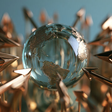 Global economic outlook glass globe arrow finance growth market investment trade business concept showing planet surrounded by metallic arrow direction and warm reflection