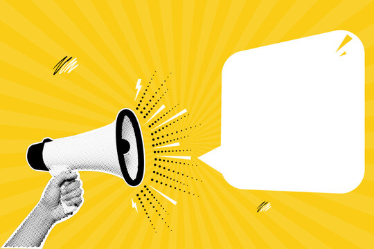 Megaphone Announcement Banner with Halftone Hand and Copy Space