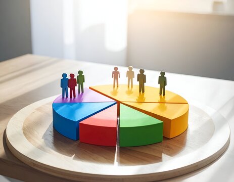 A pie chart with colorful segments and tiny figures representing data and teamwork