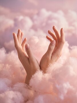 detailed Macro photo of hands reaching through pink clouds showing abstract micro structural details and textures with professional studio lighting