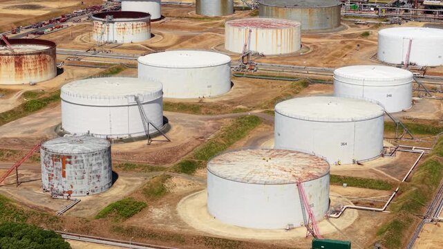 High Angle Aerial View of Massive Oil Storage Silos and Petrochemical Plant in Hampshire