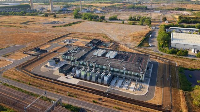 Drone shot of modern cloud computing server farm and digital infrastructure hub in Didcot UK