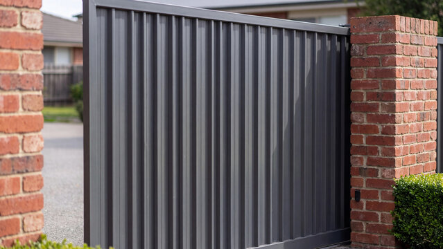 Metal gate stands installed between red brick pillars at a house driveway entrance.