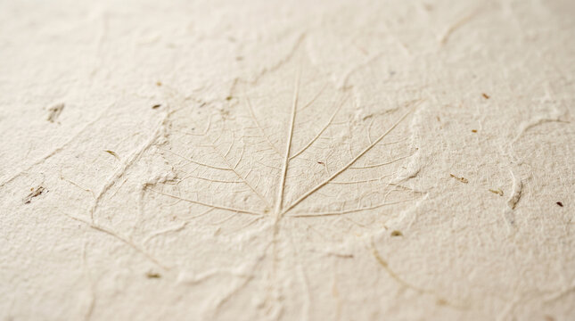 Natural handmade paper texture with embedded maple leaf imprint and fibers.