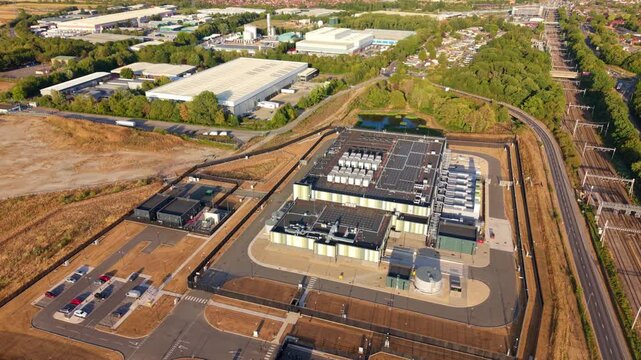 Drone shot of modern cloud computing server farm and digital infrastructure hub in Didcot UK