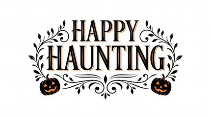Decorative happy haunting typography design with ornate floral flourishes and jack o lantern pumpkin elements © Shakil