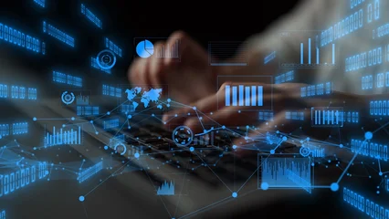Fotobehang Sportwinkel A close-up view of hands typing on a keyboard, surrounded by data visualization overlays, showcasing modern technology and the importance of digital analysis in today environment. Xenic  © InfiniteFlow