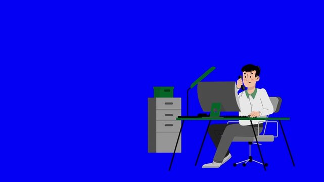 Cartoon Office Worker Talking on Telephone at Desk on Blue Screen Animation