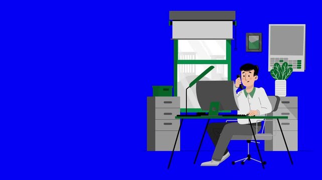 Cartoon Office Worker Talking on Telephone at Desk on Blue Screen Animation
