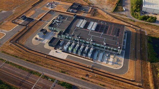 Drone shot of modern cloud computing server farm and digital infrastructure hub in Didcot UK