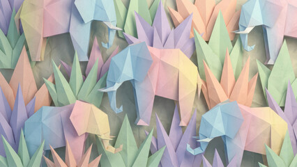 Seamless Pattern with Origami Elephants in Pastel Colors, Geometric Paper Art Jungle Design, Low Poly Animal Illustration