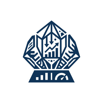 A dark blue geometric icon representing abstract financial growth data analysis