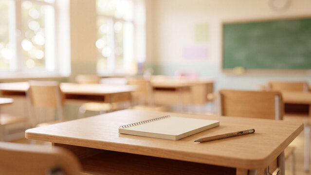 Classroom desk holds a notebook and pen in an empty modern school room setting.