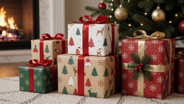 Group wrapped presents different colors patterns arranged pyramid-like formation white rug front fireplace chr