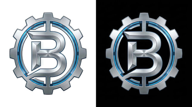 Silver gear logos with letter B set.
