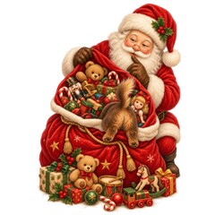 Fototapeta premium Vintage Santa Claus with Curious Puppy Peeking Inside Christmas Toy Sack Watercolor Illustration Isolated on White Background