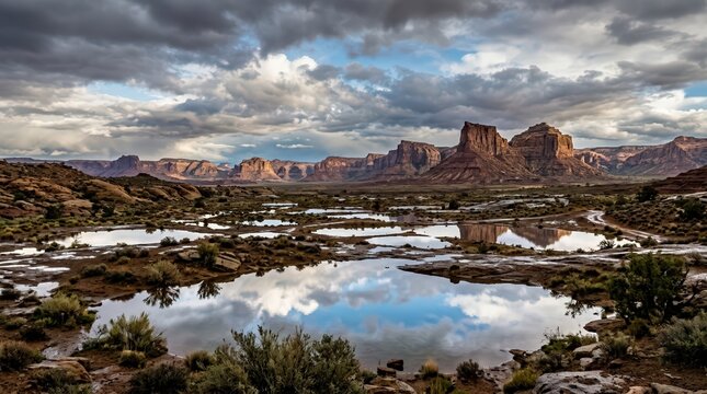 Dramatic desert landscape with water reflections, red rock canyons under stormy clouds, scenic wilderness valley at sunset