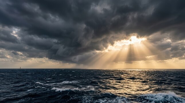 Dramatic storm clouds over dark ocean, sun rays breaking through heavy sky, cinematic seascape with sunbeams and rough sea water
