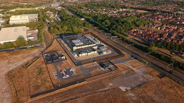 Aerial view of hyperscale data centre campus on former power station site in Didcot UK