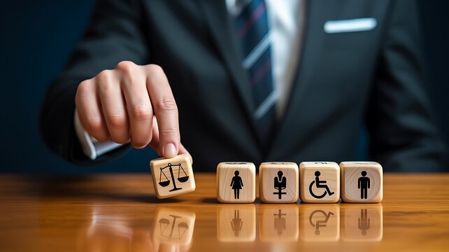 Inclusive business leadership concept with diverse workplace symbols representing accessibility, equality and professional inclusion