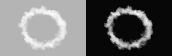 Fototapeta premium White Smoke Ring Circular Cloud Fog Steam Ring Frame Overlay Isolated on Grey and Black Backgrounds