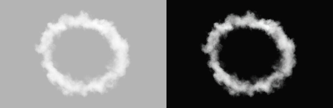 White Smoke Ring Circular Cloud Fog Steam Ring Frame Overlay Isolated on Grey and Black Backgrounds