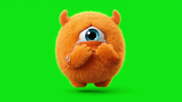 Cute furry orange one eyed monster crying sad on green screen chroma key background 3D animated character.