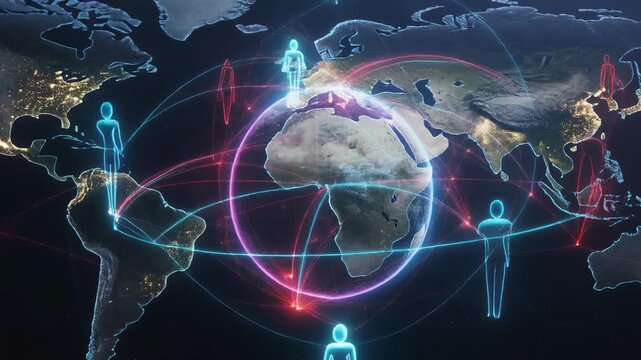 Global connection concept with world map and glowing human icons in dynamic motion