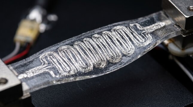A flexible stretchable electronic circuit embedded in a clear polymer film for wearable tech use.