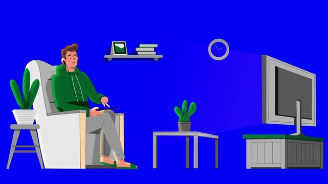 Cartoon Man Sitting in Armchair Watching TV and Using Tablet on Blue Screen Animation