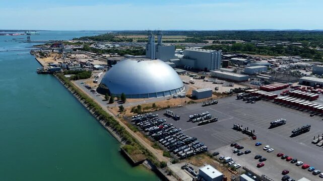 Aerial view of modern dome energy recovery facility and thermal power station in Southampton UK