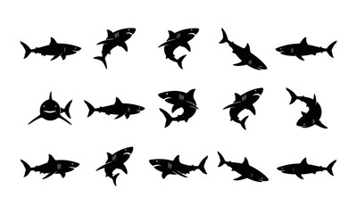 Fototapeta premium Collection of black silhouette shark illustrations in various dynamic poses