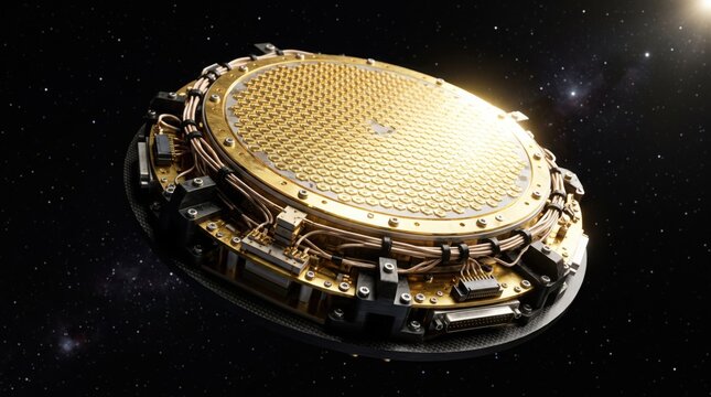 A golden satellite component floats in deep space with intricate wiring and a metallic structure.