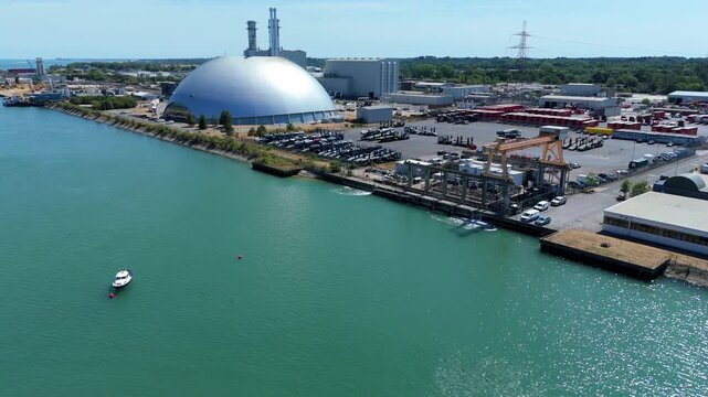 Aerial view of modern dome energy recovery facility and thermal power station in Southampton UK