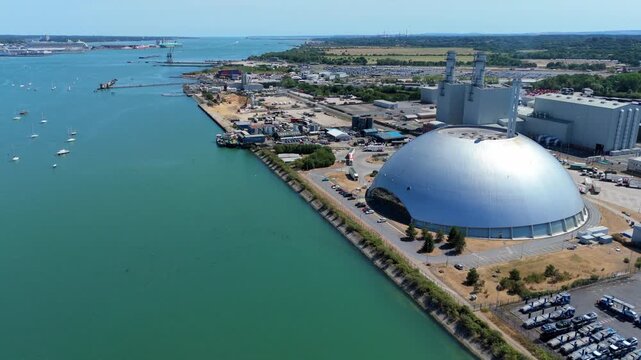 Aerial view of modern dome energy recovery facility and thermal power station in Southampton UK